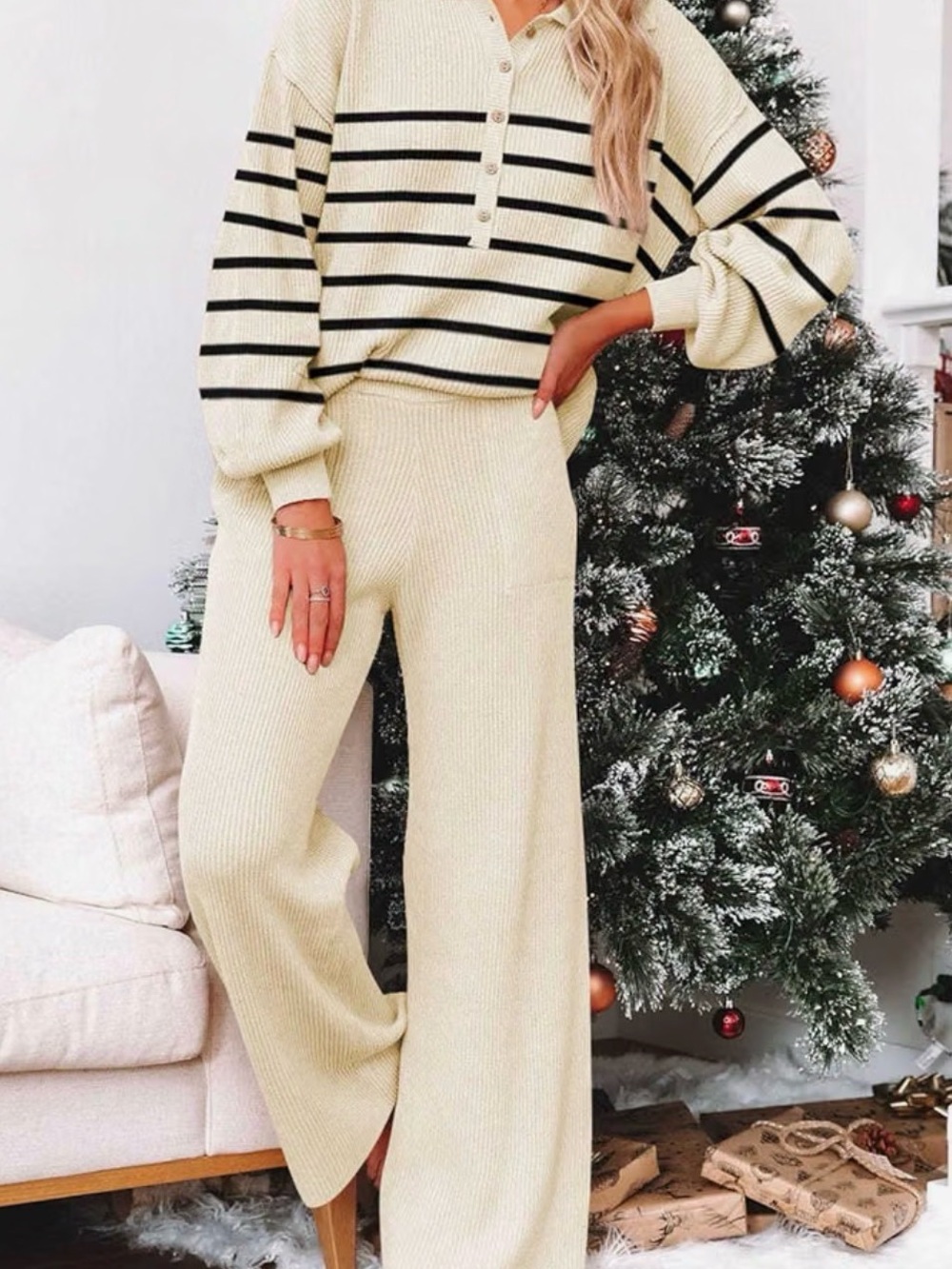 Striped Knit Pants Set - Cream